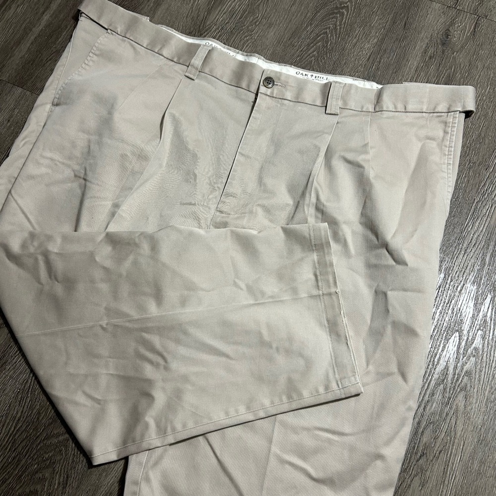 Oak Hill Premium Pants 48X28 Fits 42X27 Khaki Tan Pleated Cotton Stretch Chinos